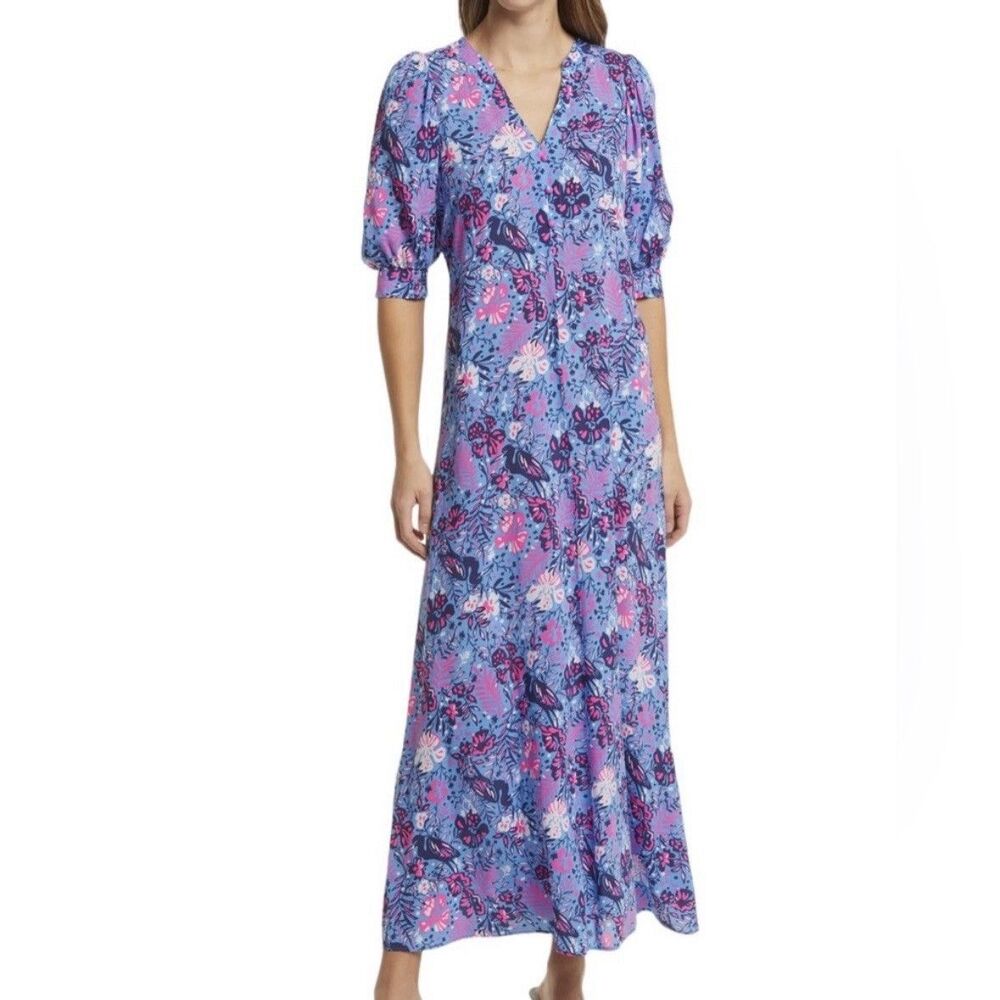 Lilly Pulitzer Floral Maxi Dress Women’s Size 4 Puff Sleeve Flamingo Resortwear